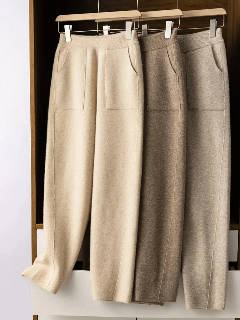 100% Wool Pocket Knit Pencil Pants Must Have Women Slim Look All-Match Long Trousers Soft Warm Merino Wool Fall Winter Casual