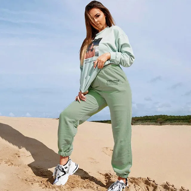 2021 Sexy High Waist Loose Fleece Sweatpants With Pockets Korean Style Size S