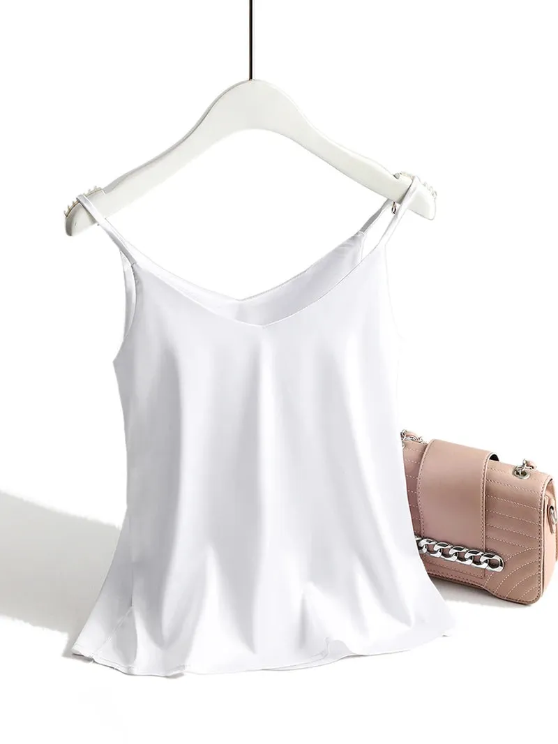 2024 Spaghetti Strap Top Women Halter V Neck Basic White Cami Sleeveless Satin Silk Tank Tops Women'S Summer Camisole