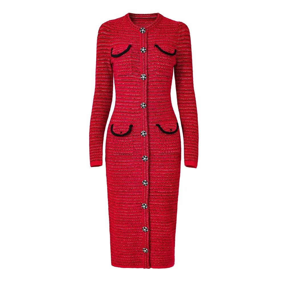 2024 Spring French Style Chic Gorgeous Design Diamonds Buttons Woven Solid Red & Royal Blue Tweed Women Straight Midi Dress