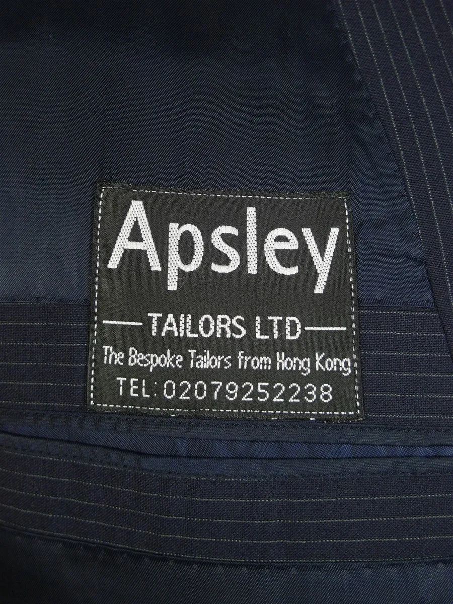 24/0595 immaculate apsley mayfair bespoke 2009 super 120s wool navy blue pin-stripe suit 42 short