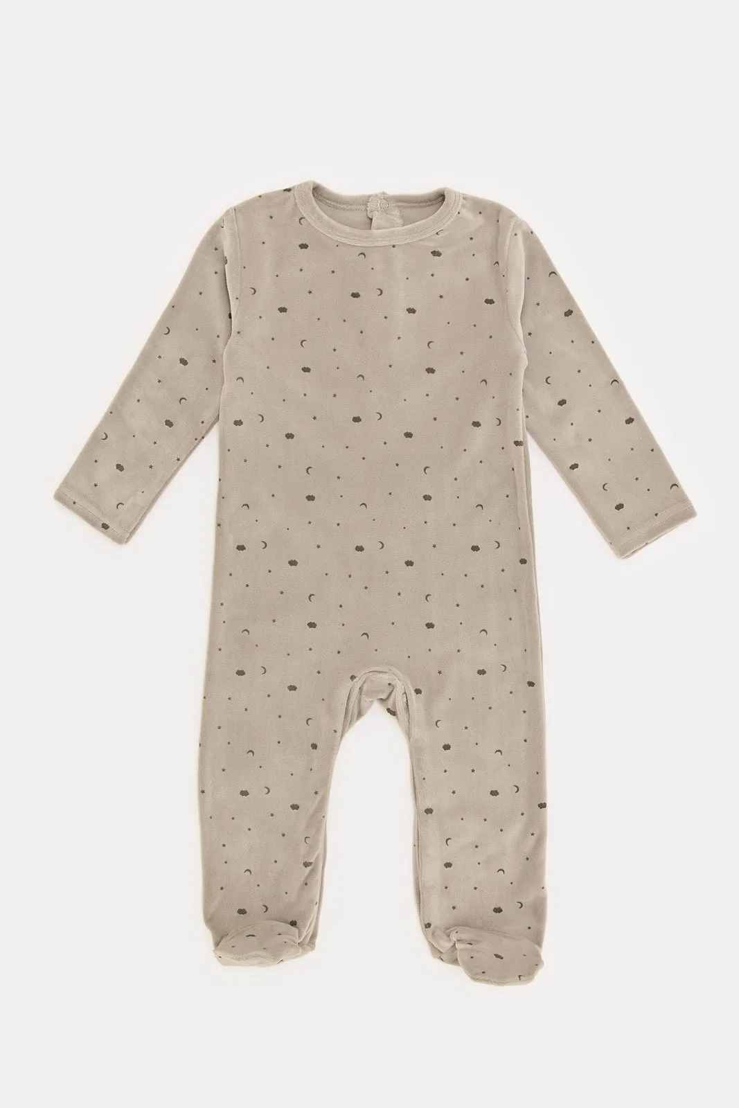 Babied Grey Velour Allover Print Sleepsuit