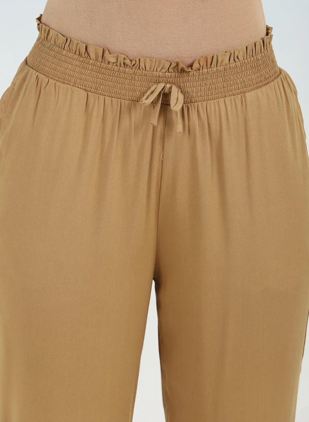 Beige Ankle-length Pants for Women with drawstring Waist and Lace Work on the Hem