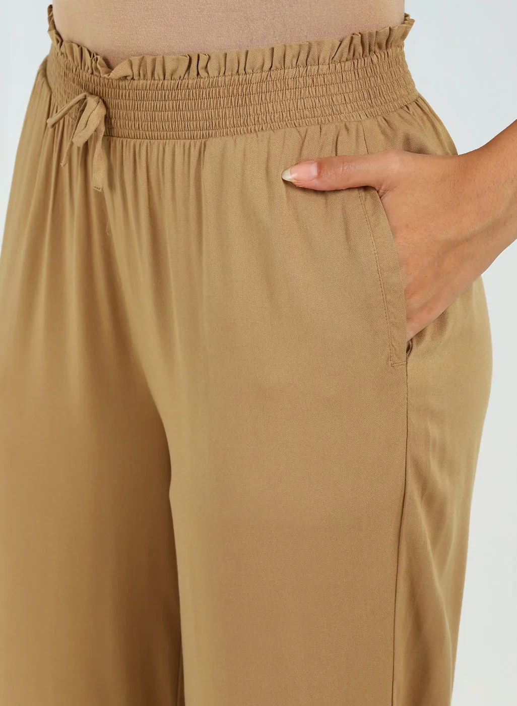 Beige Ankle-length Pants for Women with drawstring Waist and Lace Work on the Hem