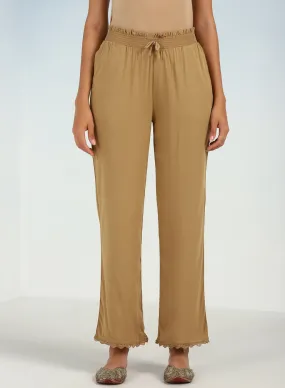 Beige Ankle-length Pants for Women with drawstring Waist and Lace Work on the Hem