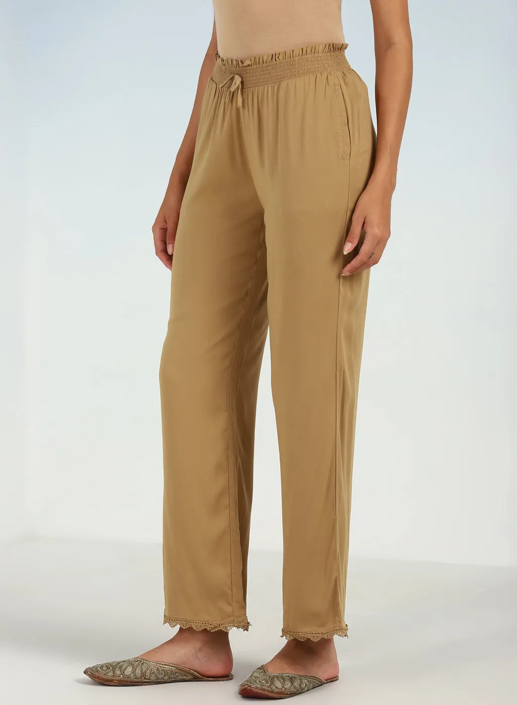 Beige Ankle-length Pants for Women with drawstring Waist and Lace Work on the Hem