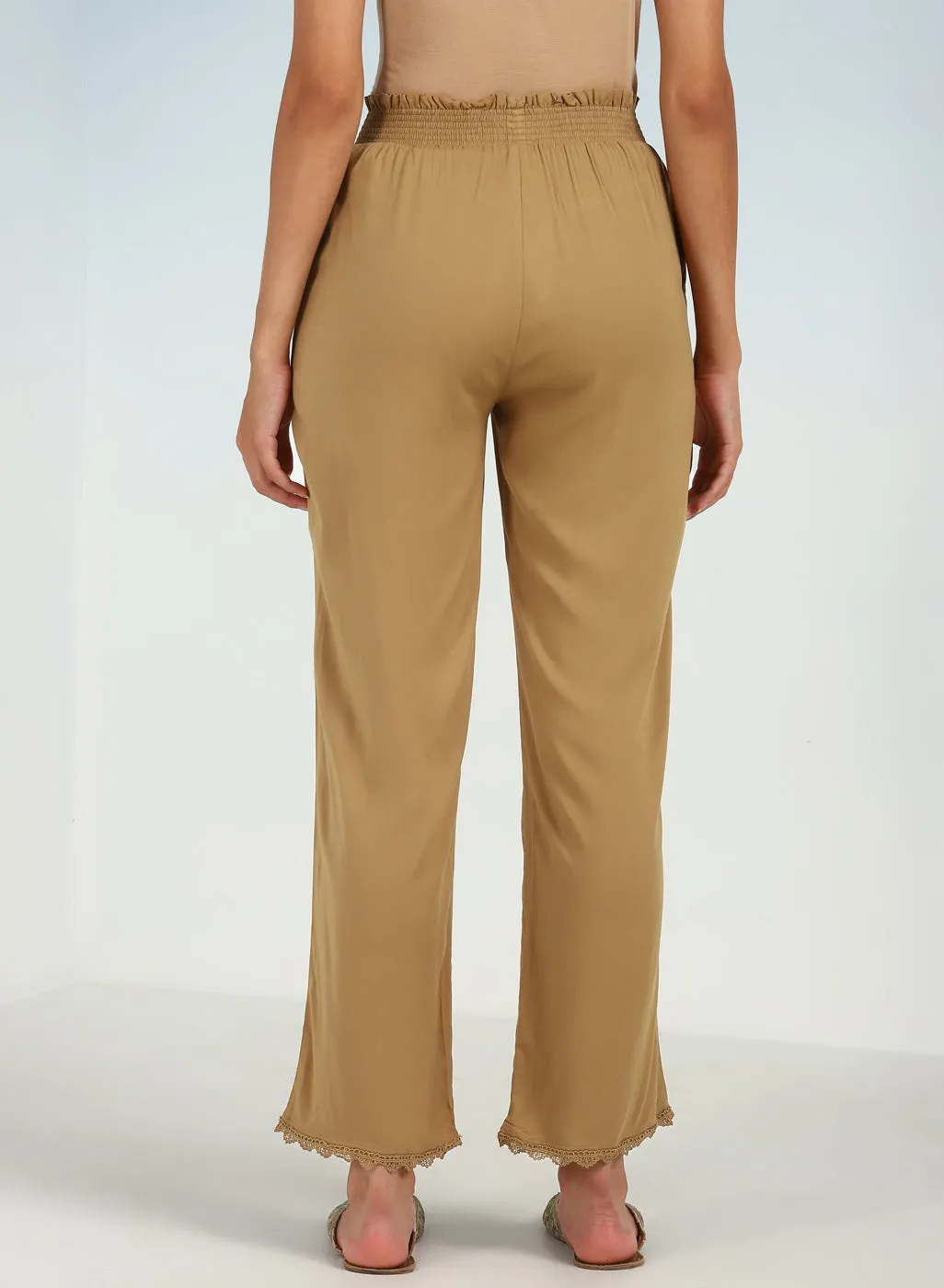 Beige Ankle-length Pants for Women with drawstring Waist and Lace Work on the Hem