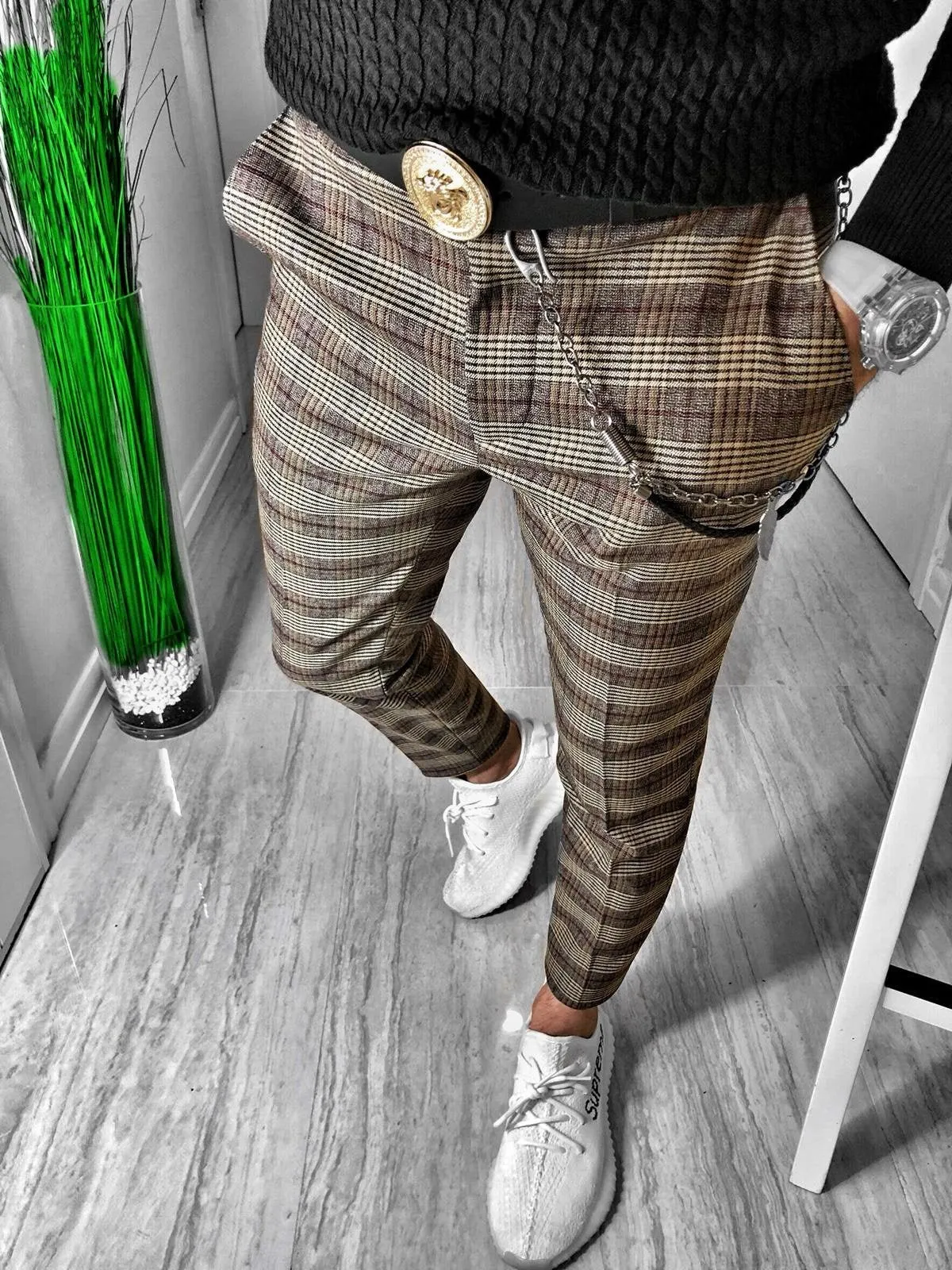 Beige Checkered Casual Jogger Pant S148 Streetwear Casual Jogger Pants