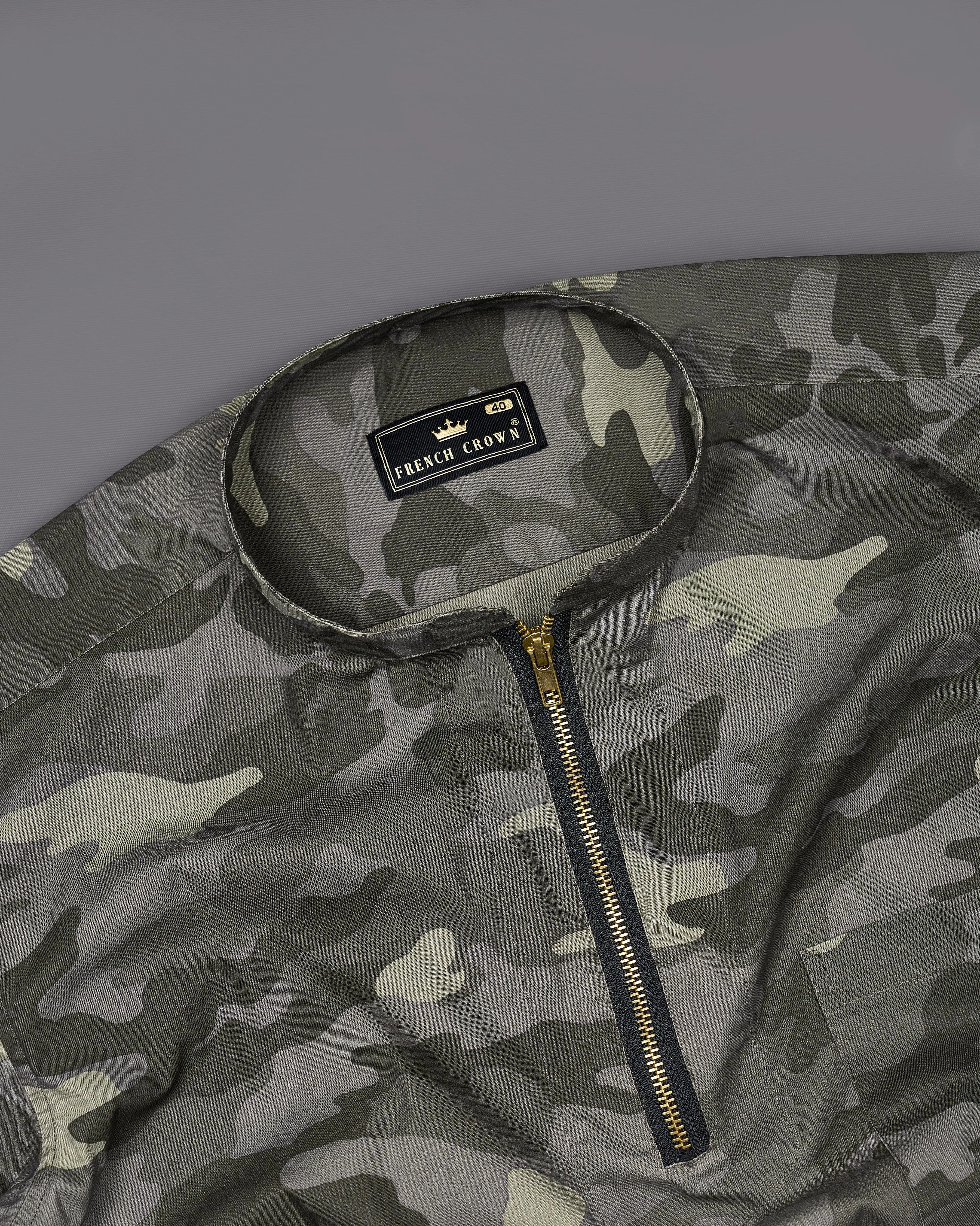 Birch Green with Wenge Gray Camouflage Printed Royal Oxford Designer zipper Shirt