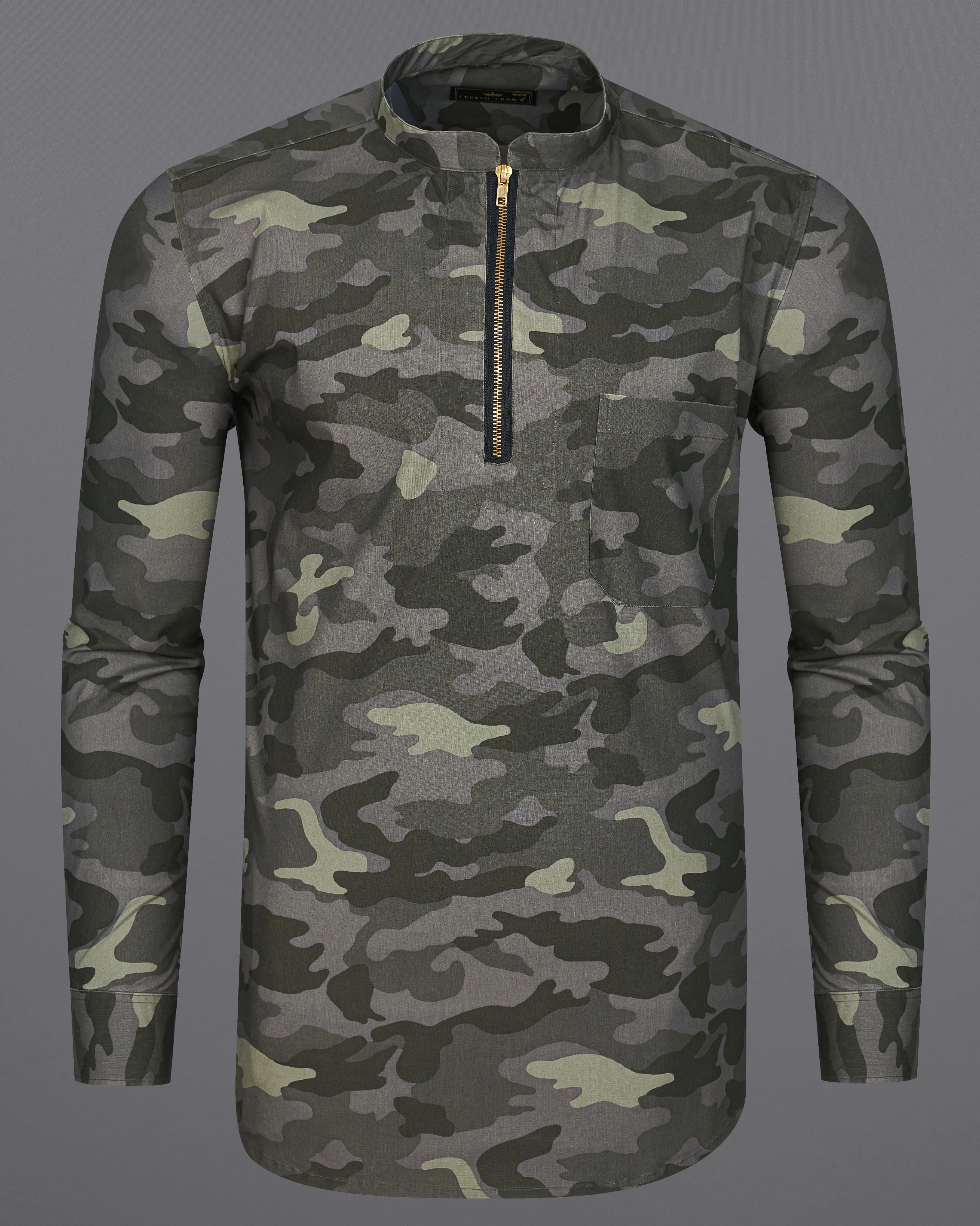 Birch Green with Wenge Gray Camouflage Printed Royal Oxford Designer zipper Shirt