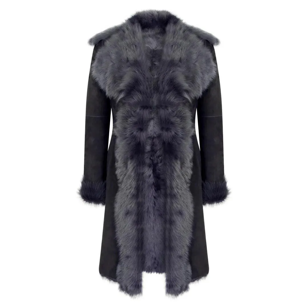 Black Grey 3/4 Length Ladies Suede Real Toscana Sheepskin Coat Tailored Fit