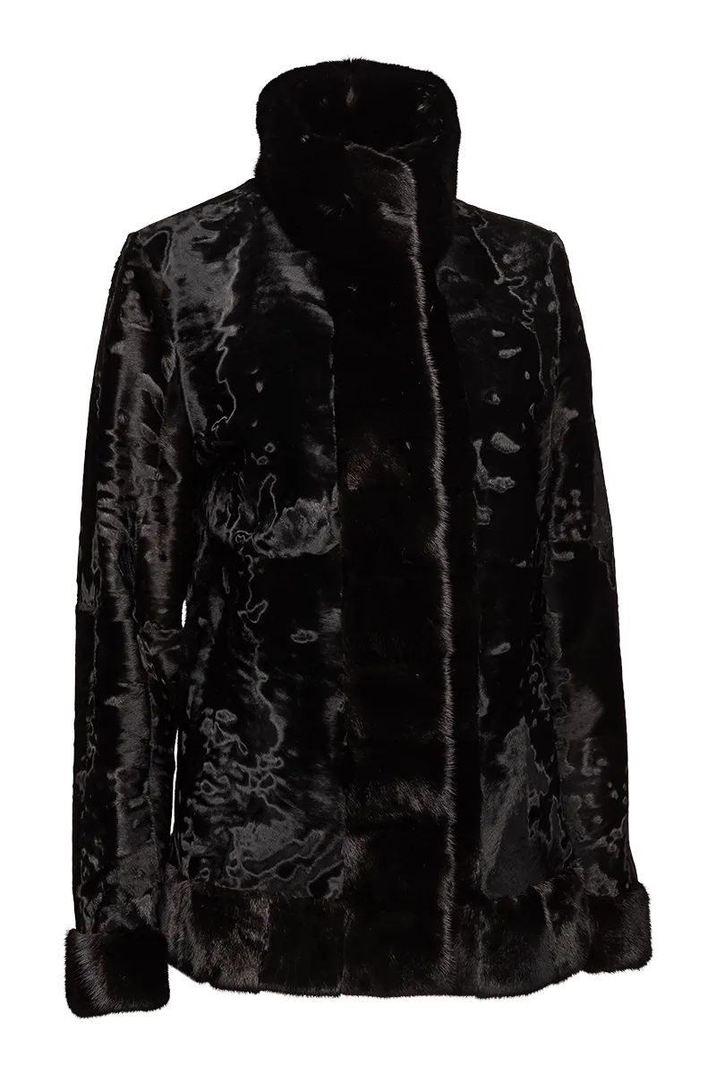 Black Russian Broadtail Fur Jacket - Black Star Mink Fur Details