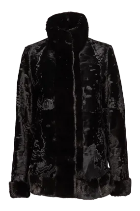 Black Russian Broadtail Fur Jacket - Black Star Mink Fur Details