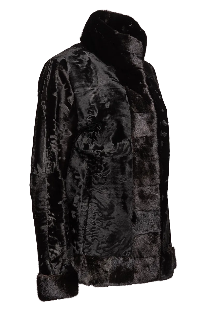 Black Russian Broadtail Fur Jacket - Black Star Mink Fur Details