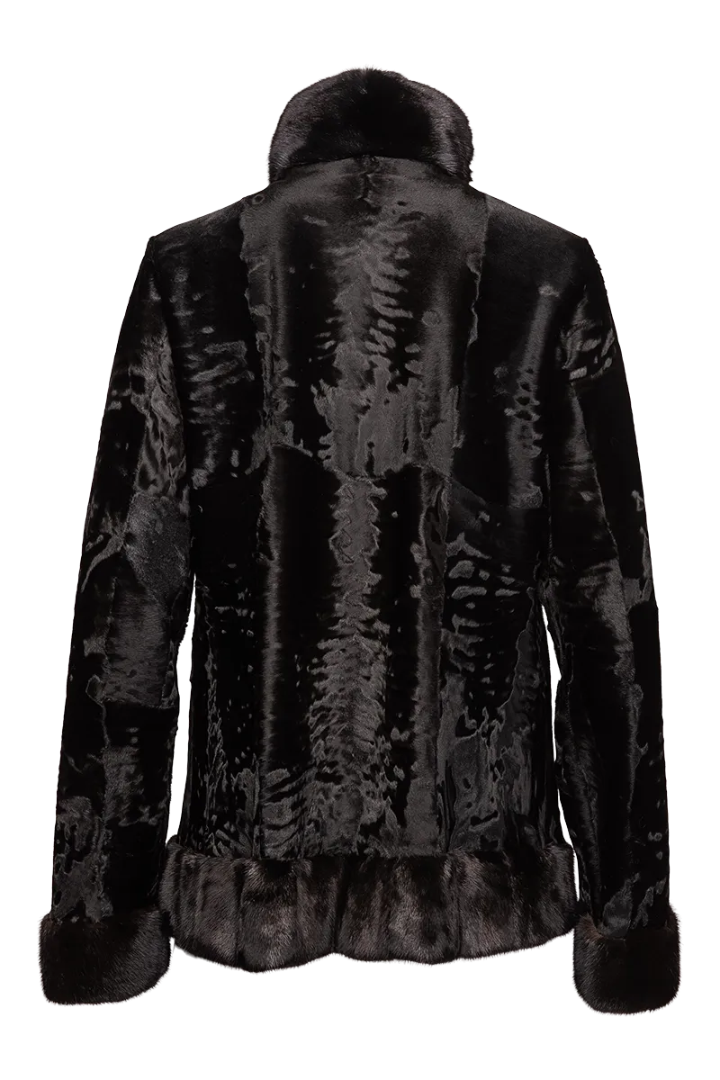 Black Russian Broadtail Fur Jacket - Black Star Mink Fur Details