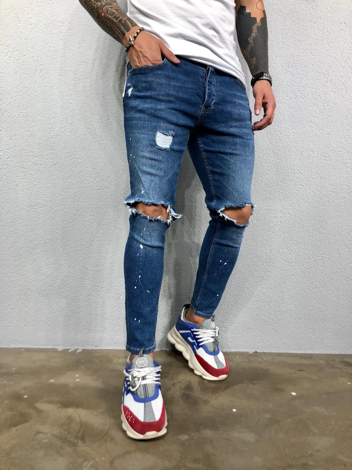 Blue Ripped Jeans Slim Fit Jeans BL478 Streetwear Mens Jeans