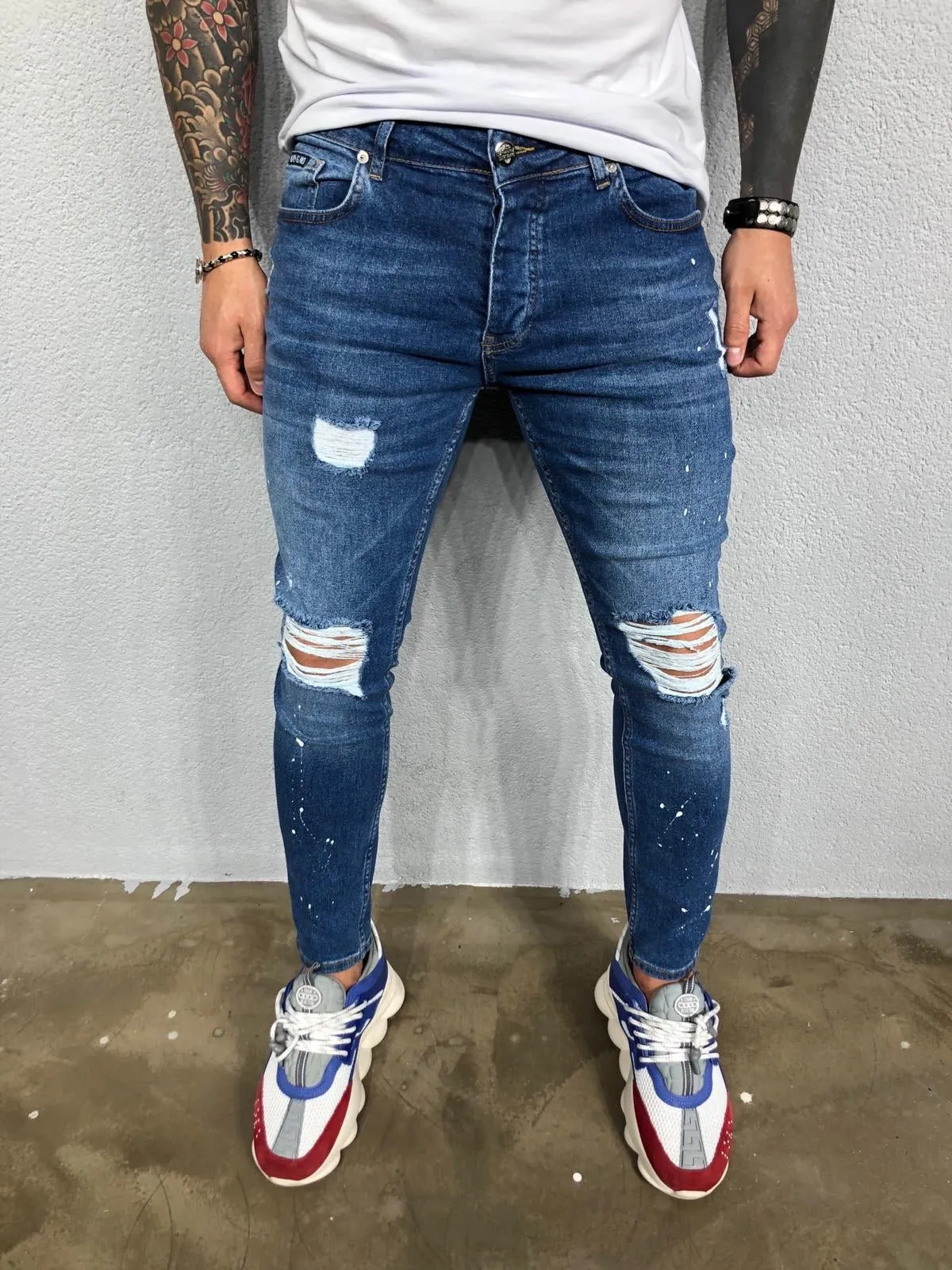 Blue Ripped Jeans Slim Fit Jeans BL478 Streetwear Mens Jeans