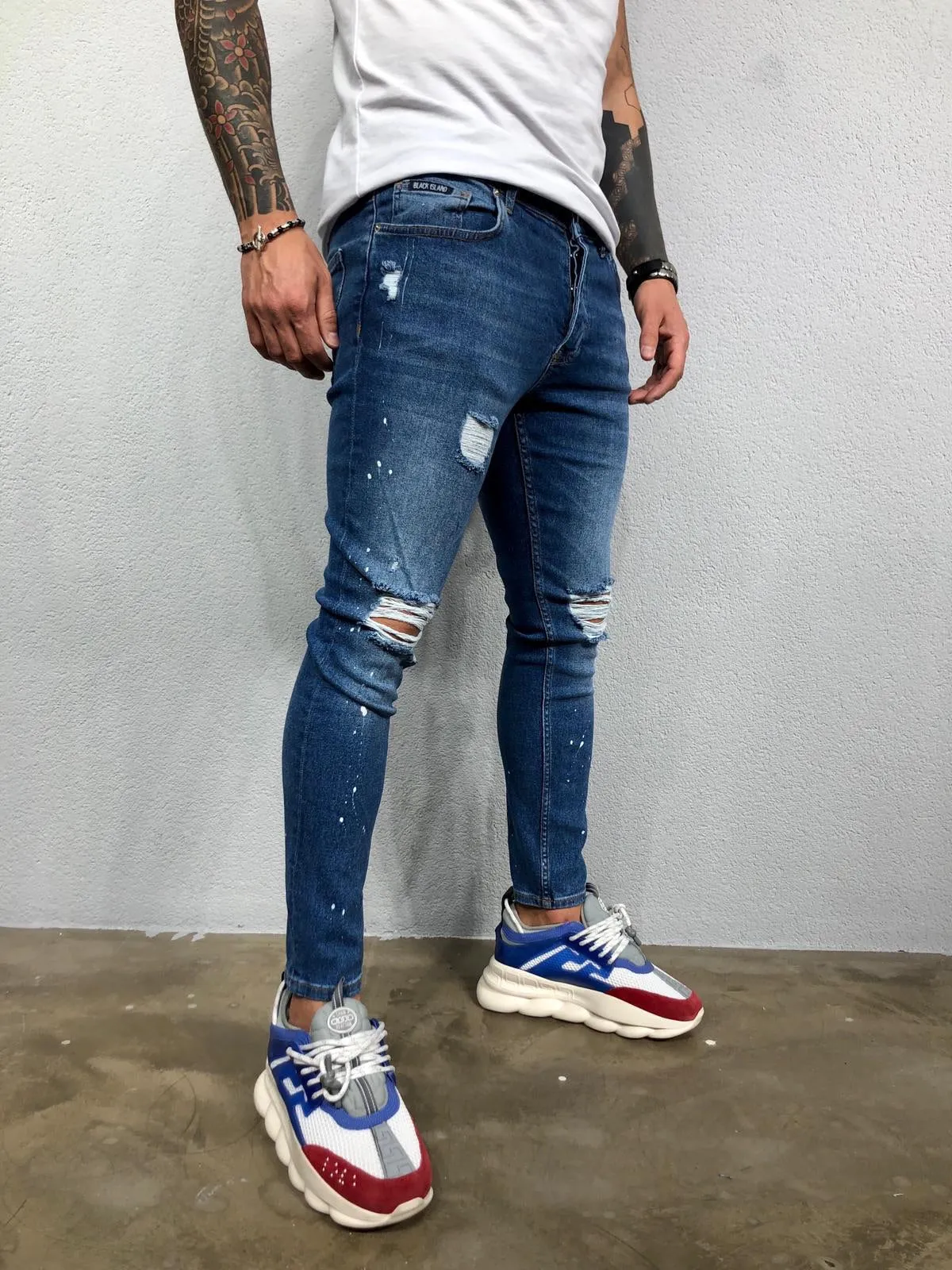 Blue Ripped Jeans Slim Fit Jeans BL478 Streetwear Mens Jeans