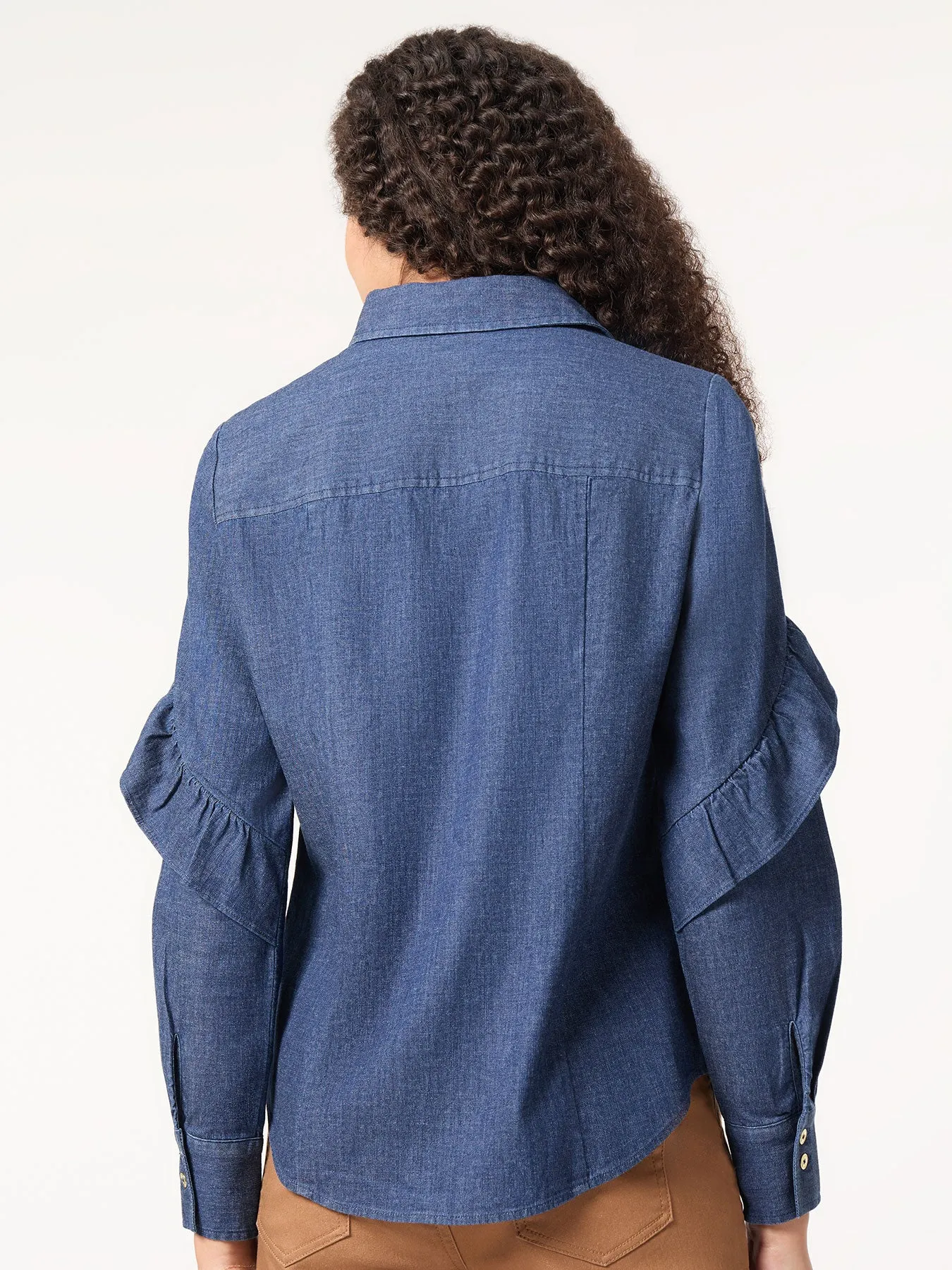 Button-Front Ruffle Sleeve Denim Shirt