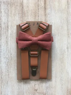 Caramel Suspenders with Desert Coral Bow Tie Set