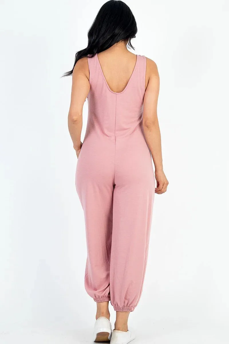 Casual Solid French Terry Sleeveless Scoop Neck Front Pocket Jumpsuit