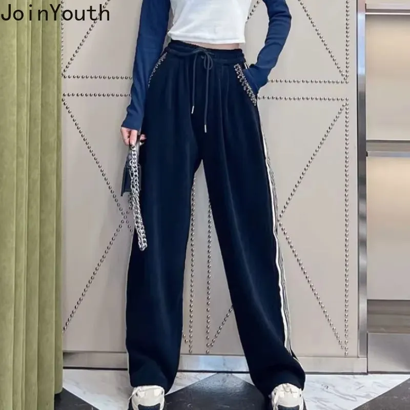 Casual Sweatpants Women 2023 New Bottoms High Waist Straight Trousers Diamond Y2K Wide Leg Pants Casual Fashion Pantalon Femme