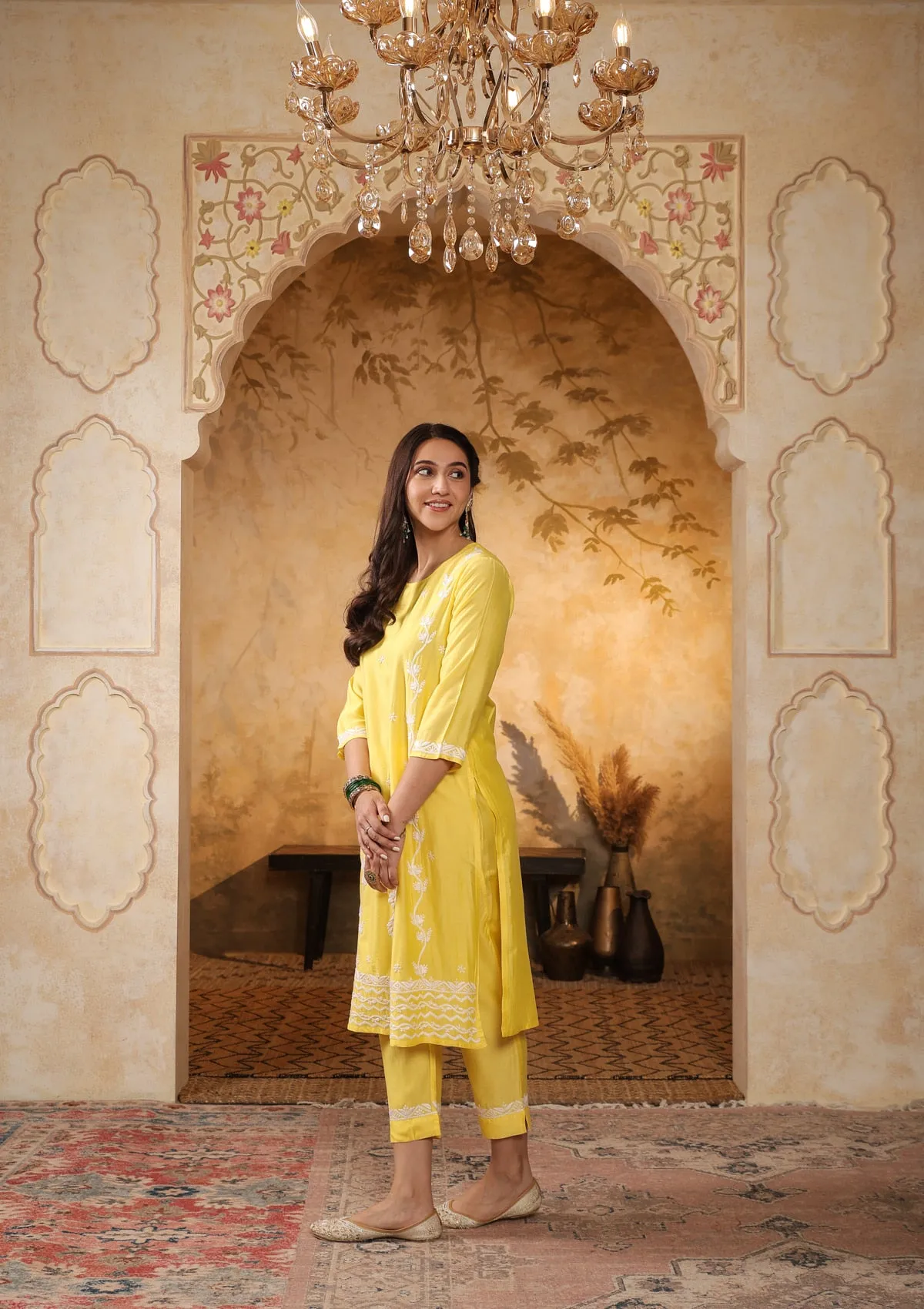 Chanderi Chikankari Solid Women's 2 PC Long Kurta Set - Yellow