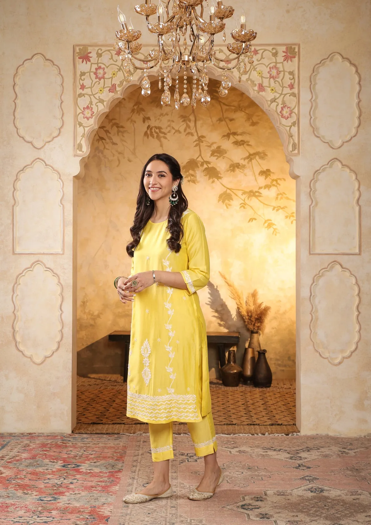 Chanderi Chikankari Solid Women's 2 PC Long Kurta Set - Yellow