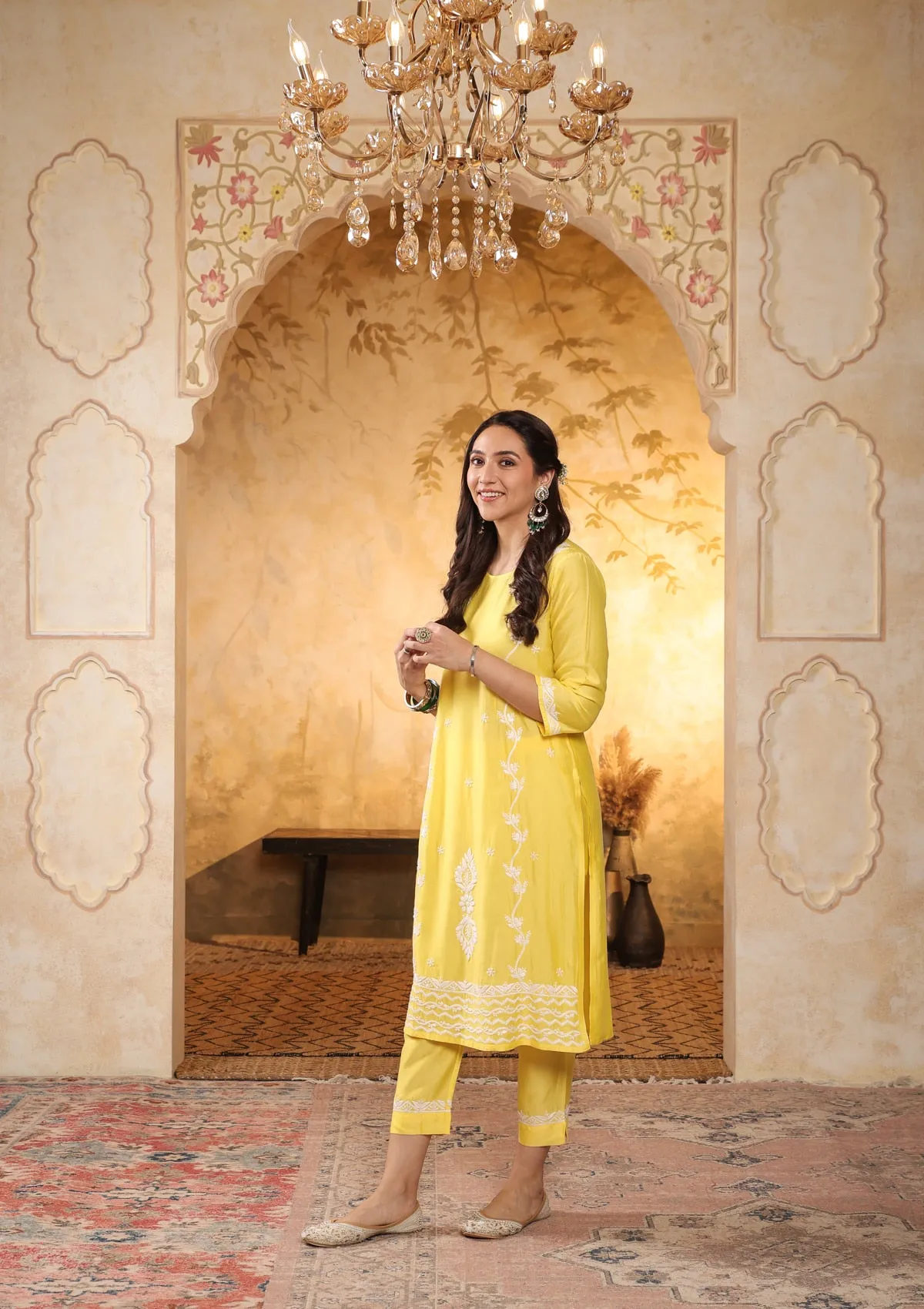 Chanderi Chikankari Solid Women's 2 PC Long Kurta Set - Yellow