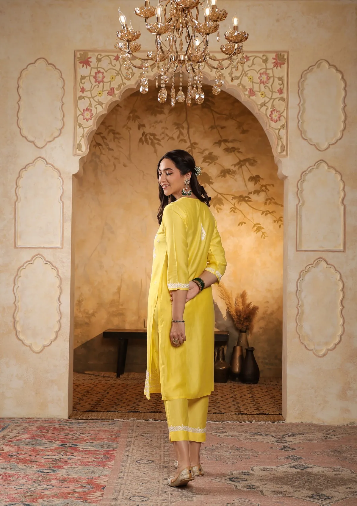 Chanderi Chikankari Solid Women's 2 PC Long Kurta Set - Yellow