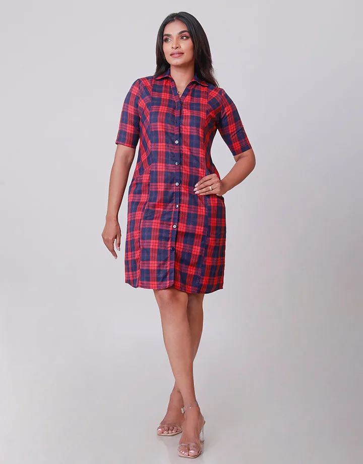 Checked Collared Dress with Pockets