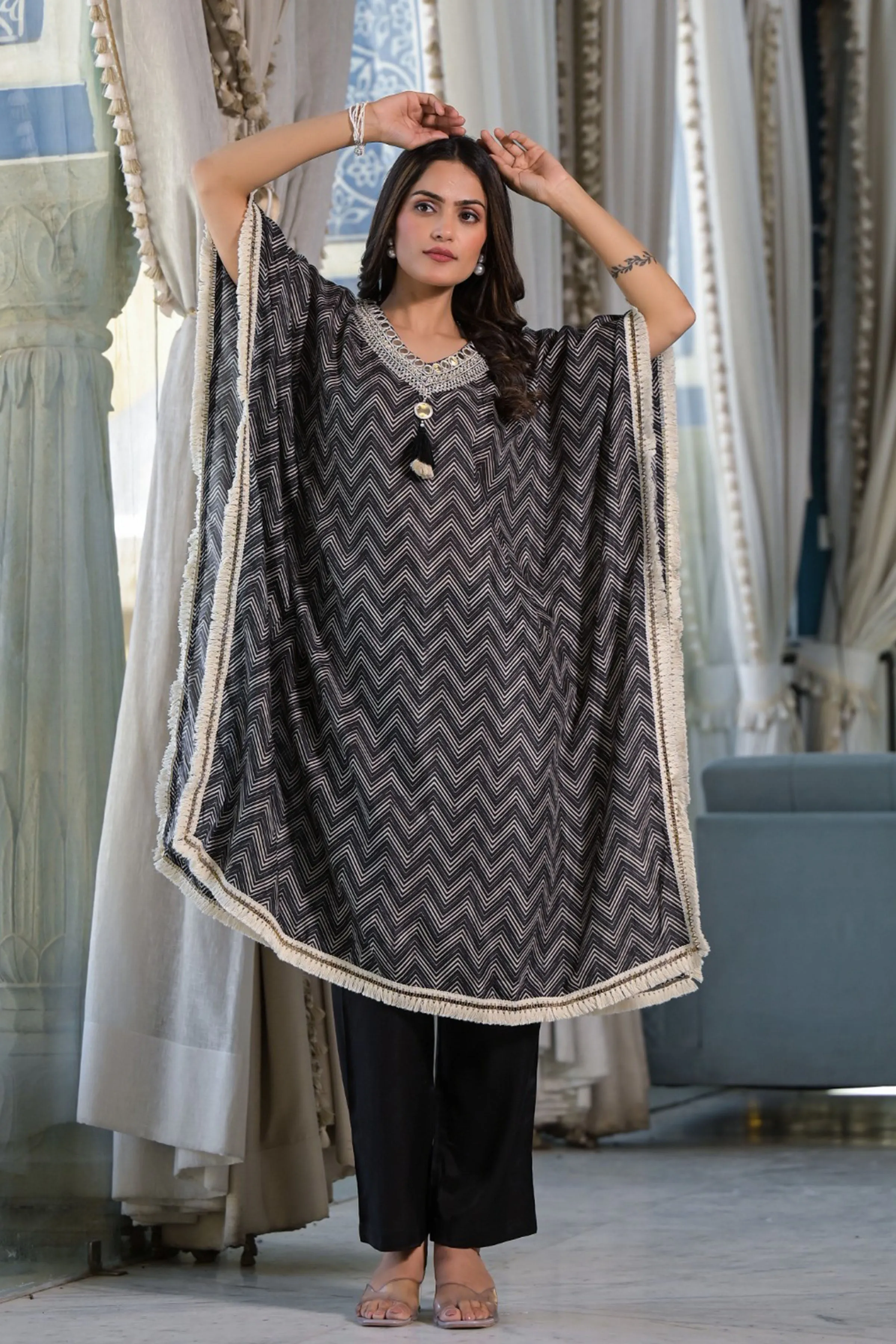 Chevron Black Muslin Kaftan Set