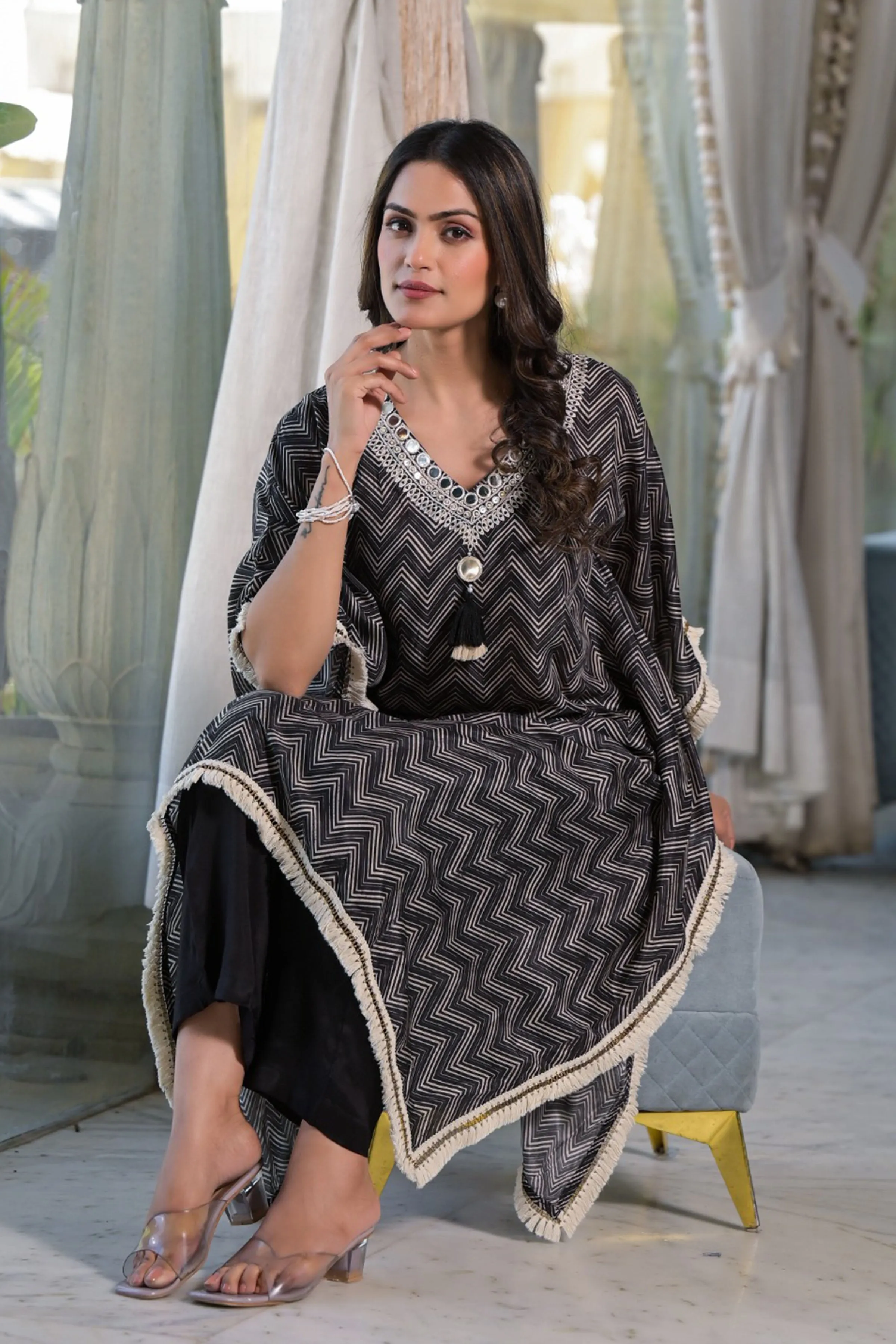 Chevron Black Muslin Kaftan Set