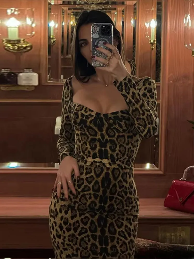 Chic Leopard Printed Low Cut Maxi Dresses Women Elegant Long Sleeve Wrap Hip High Waist Bodycon Robes Female 2024 Party Vestidos