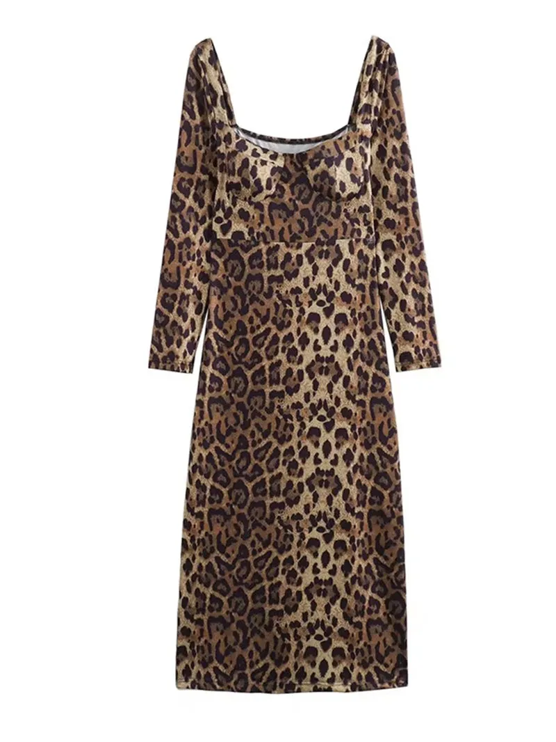 Chic Leopard Printed Low Cut Maxi Dresses Women Elegant Long Sleeve Wrap Hip High Waist Bodycon Robes Female 2024 Party Vestidos