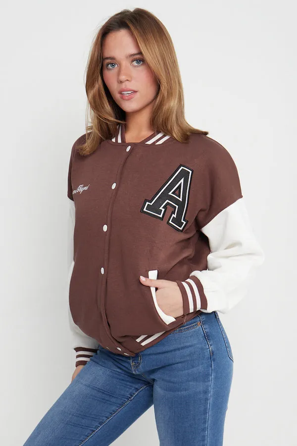 CHOCOLATE CONTRAST SLEEVE LETTER A UNISEX VARSITY JACKET