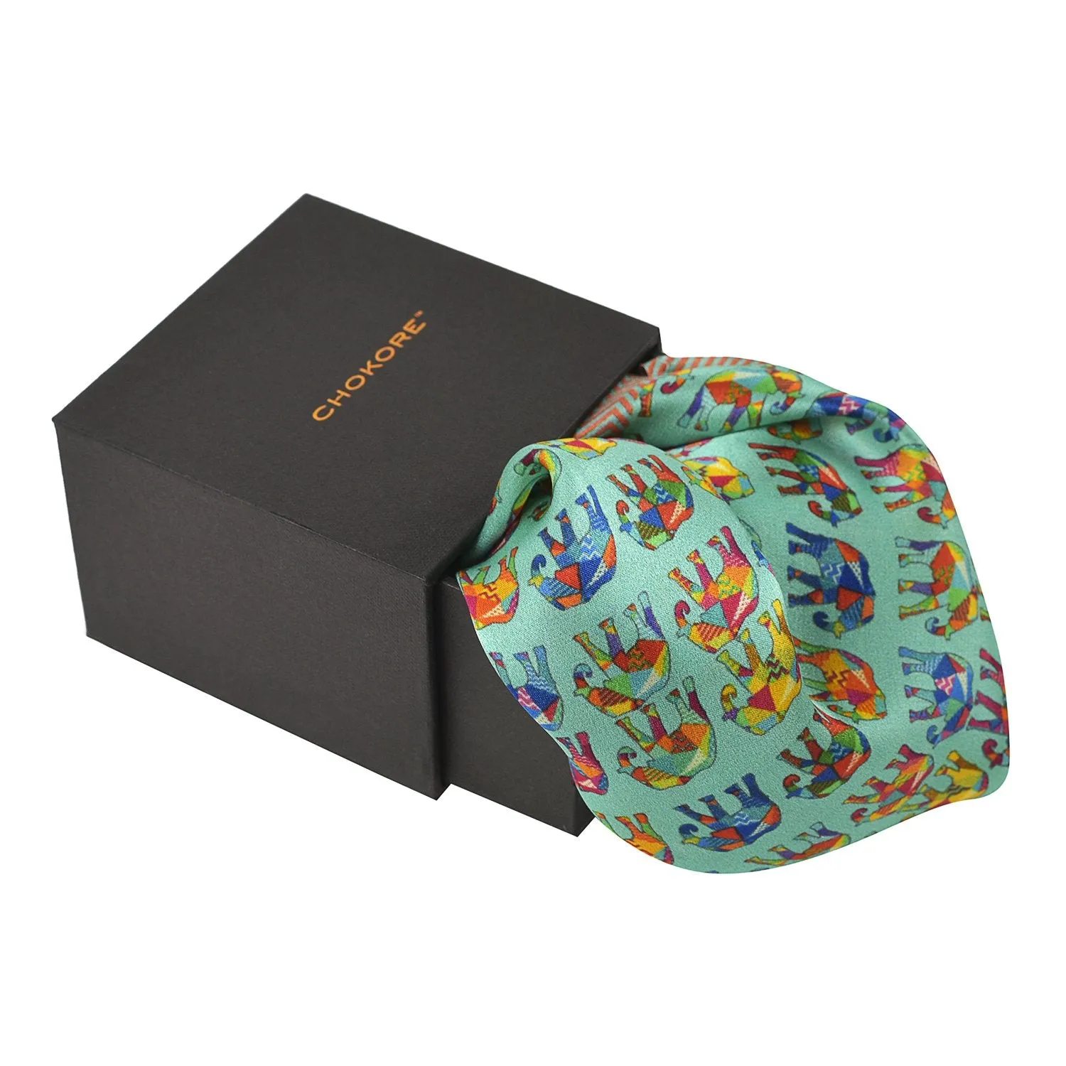 Chokore Multi-coloured Elephants Silk Pocket Square for Men from the Wildlife range