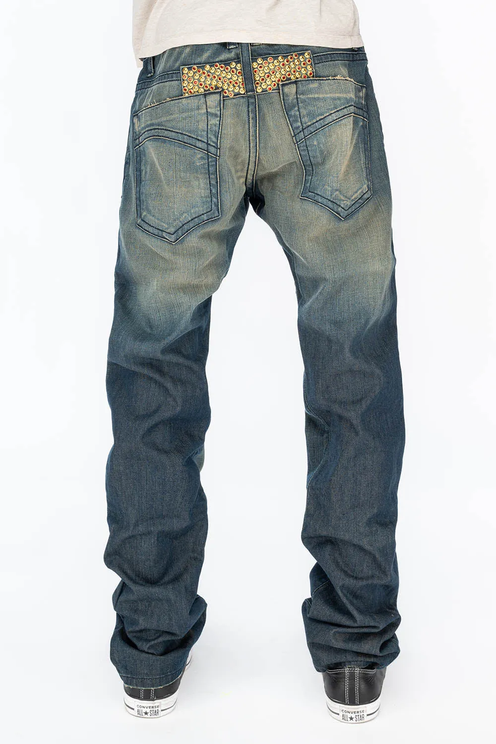 CLASSIC 5 POCKET SLIM JEANS IN BLUE SMOKY DARK WASH WITH CRYSTAL