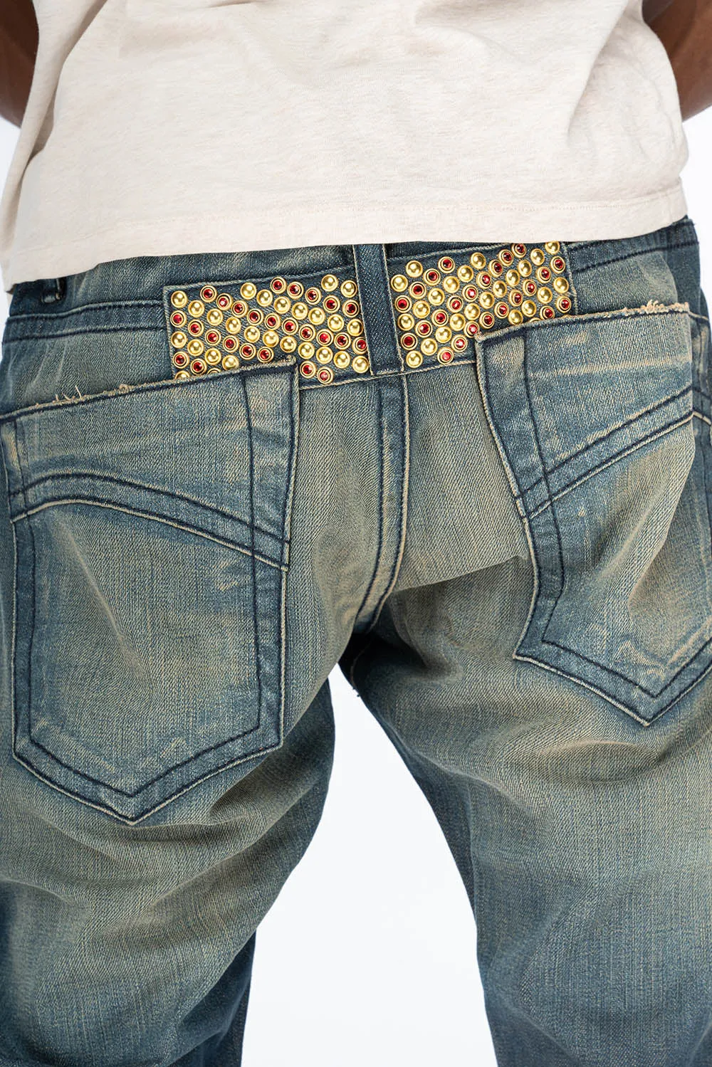 CLASSIC 5 POCKET SLIM JEANS IN BLUE SMOKY DARK WASH WITH CRYSTAL