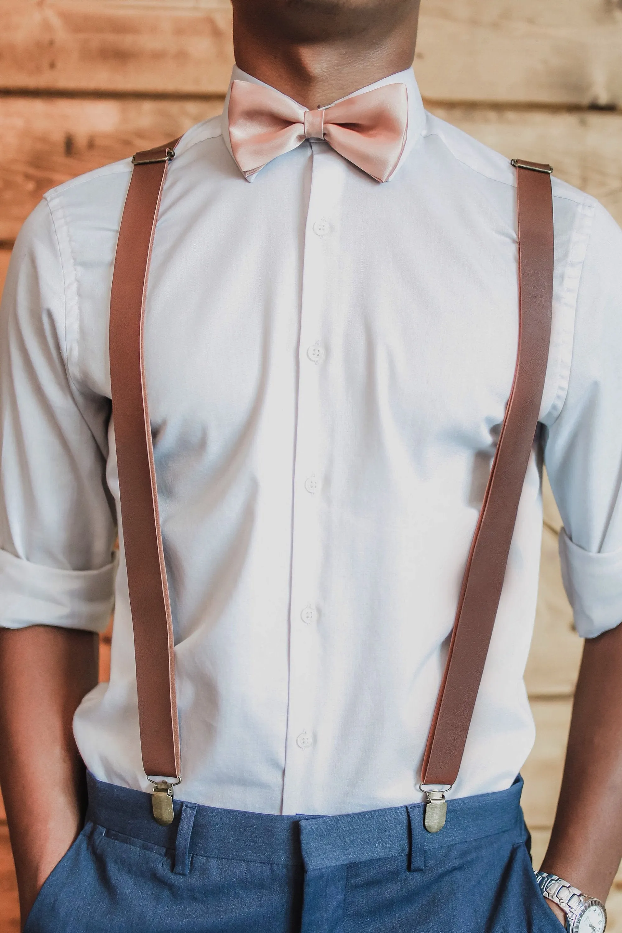 Coffee Brown Suspenders with Wine Cotton Bow Tie