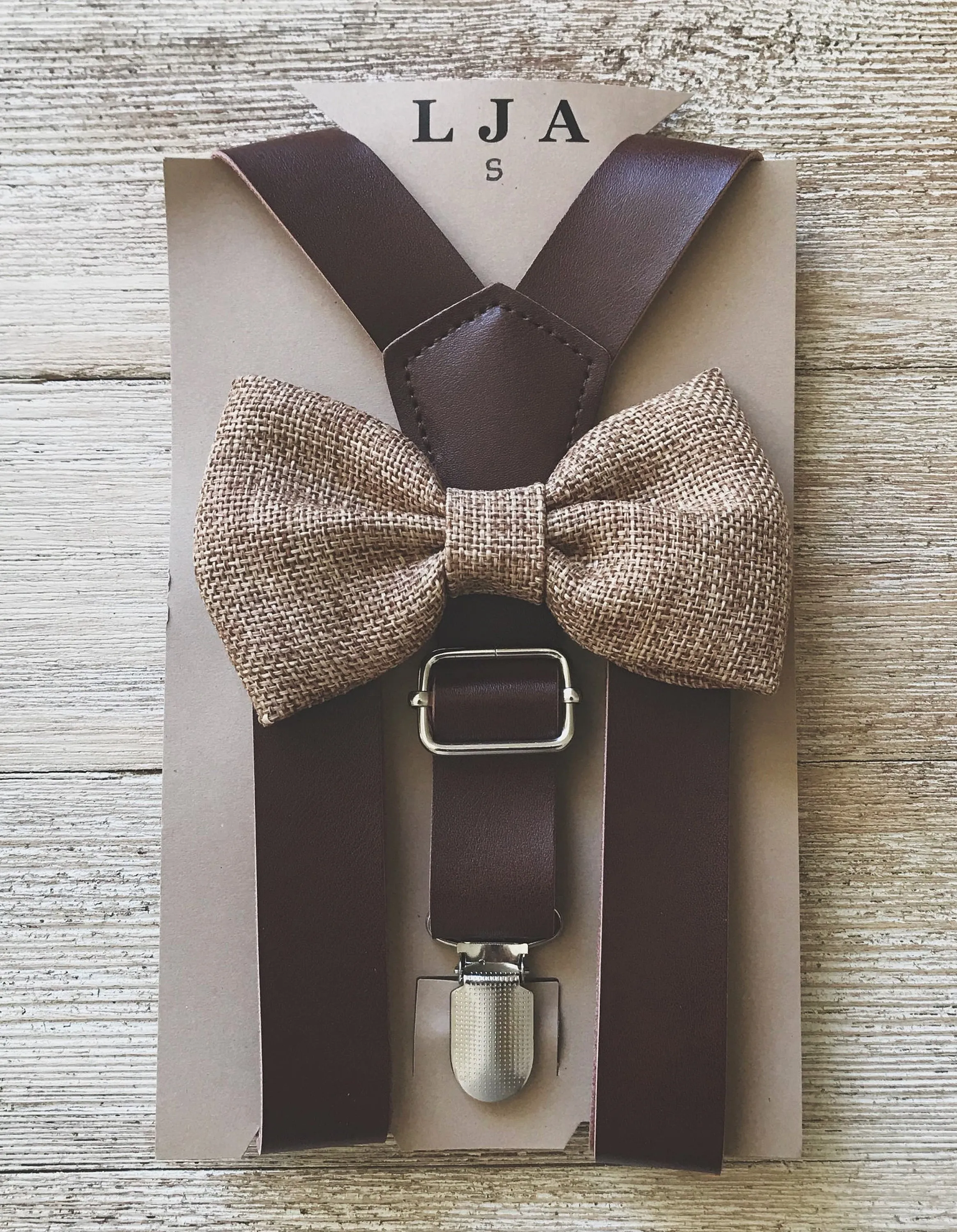 Coffee Suspenders with Wheat Brown Bow Tie