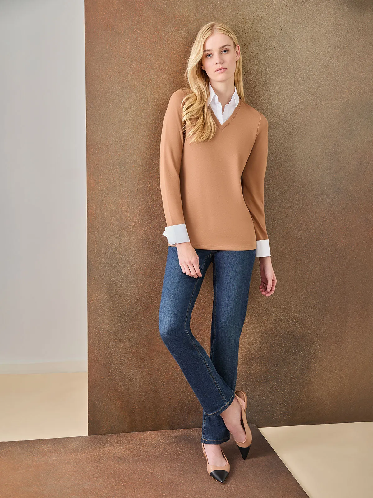 Collared Shirt V-Neck Two-Fer Top