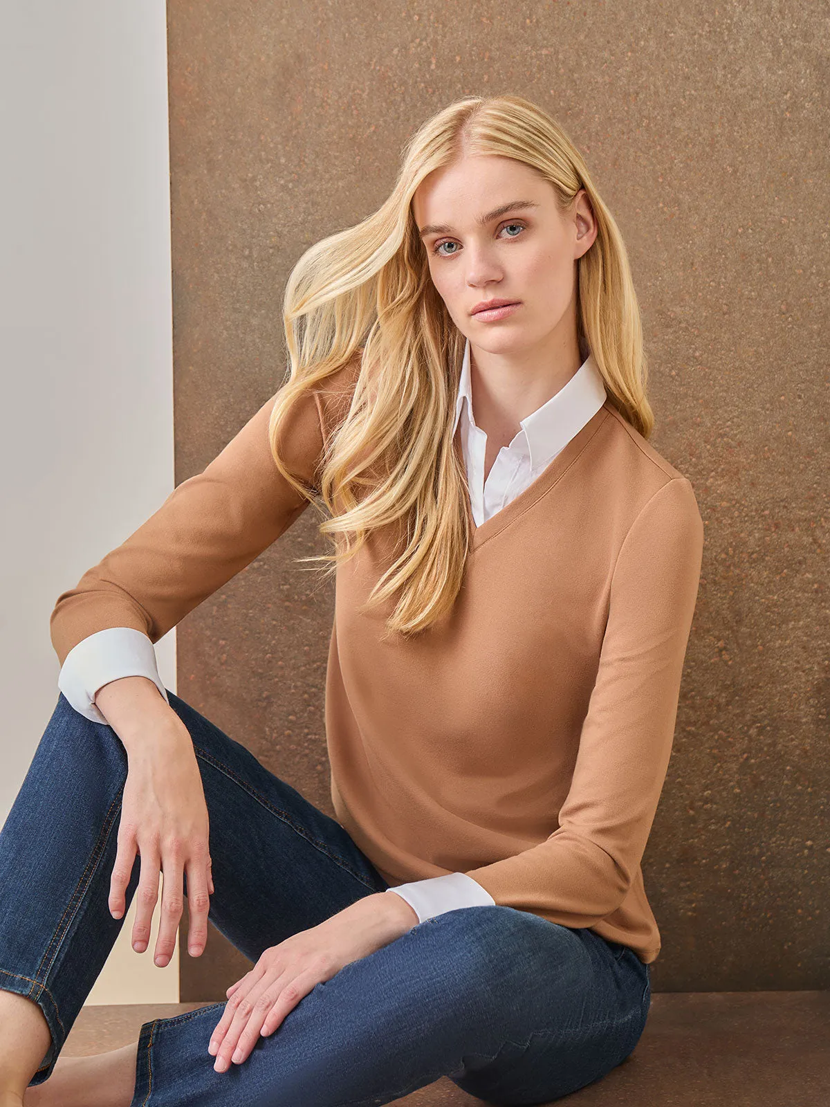 Collared Shirt V-Neck Two-Fer Top