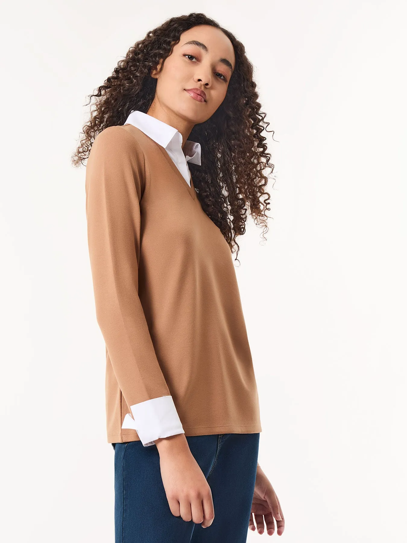 Collared Shirt V-Neck Two-Fer Top