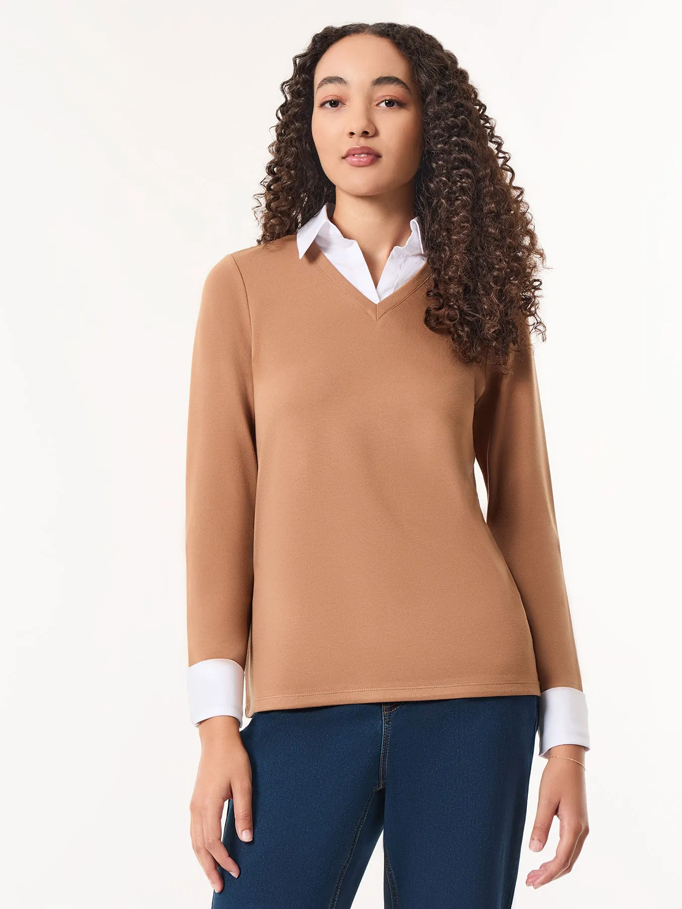 Collared Shirt V-Neck Two-Fer Top