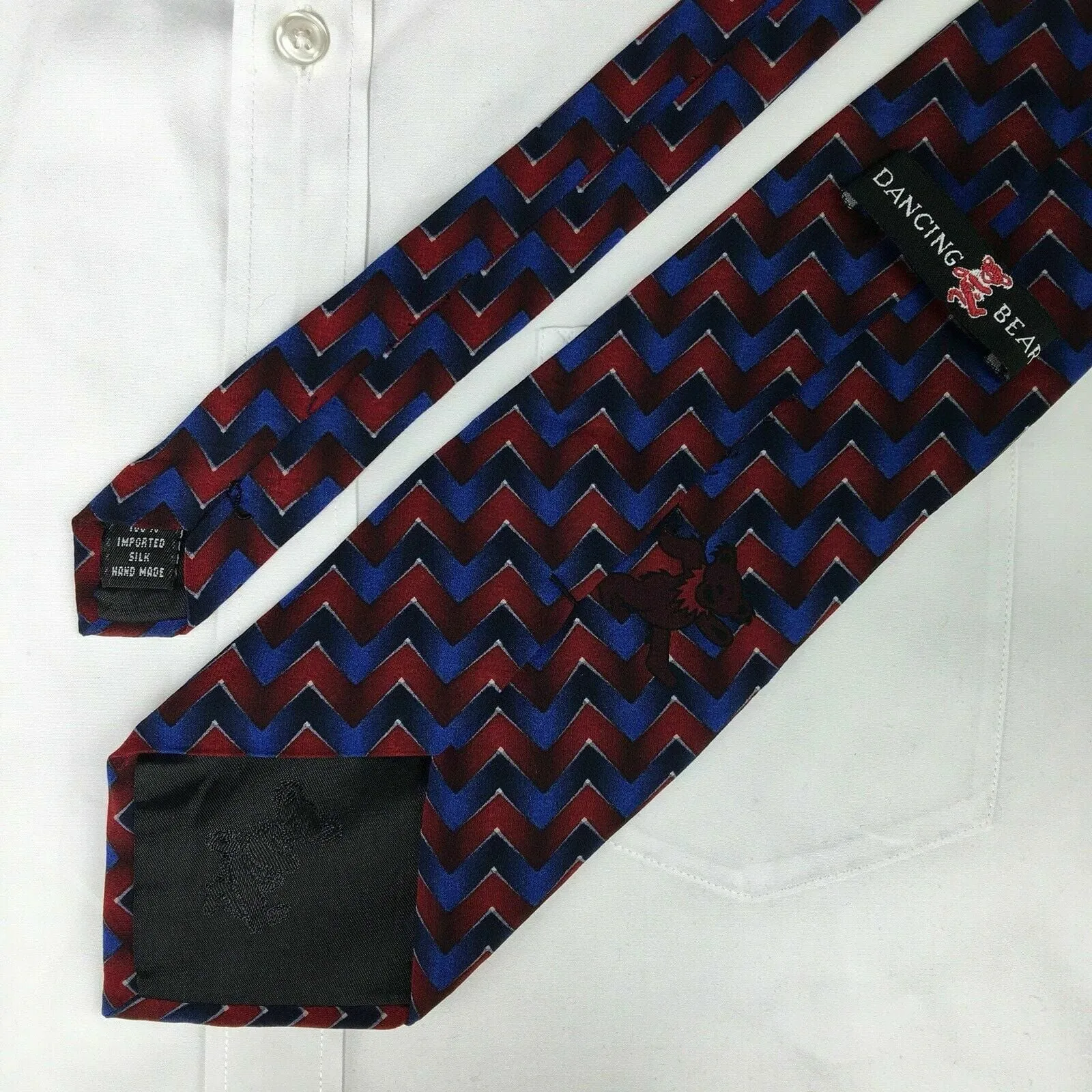 Dancing Bear Grateful Dead Mens Red & Blue Chevron Print 100% Silk Neck Tie 58”