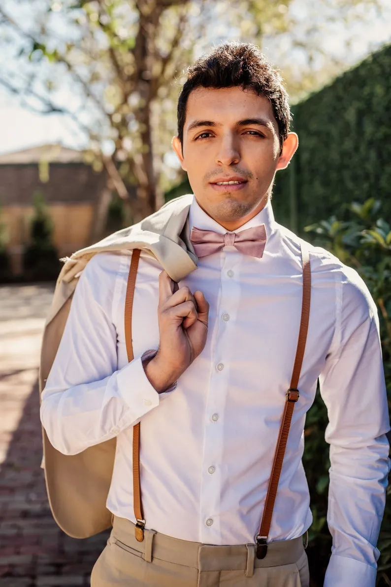 Dusty Sage Bow Tie with Light Brown Faux Leather Suspenders  (1/2" Skinny width)