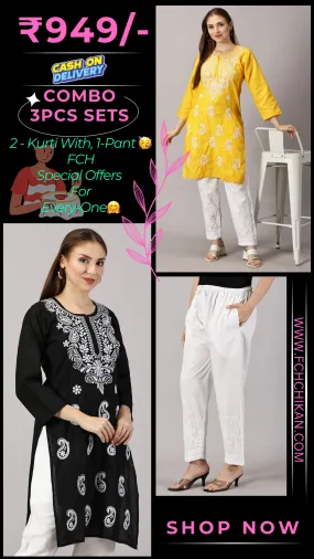 Embroidered Cotton Wear: 2 Kurtis   Pants Set | Women’s Cotton Kurti Set: Embroidery & Comfort Combo | Chic Cotton Sets Combo: Embroidered Kurtis and Pants | Stylish Cotton Kurti Set with Pants - 2 Piece Combo