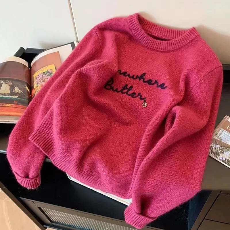 Embroidery Pink Sweater Women Pullovers O Neck Loose Knitwear Jumper Female Korean Popular Clothes Soft Sweater Tops