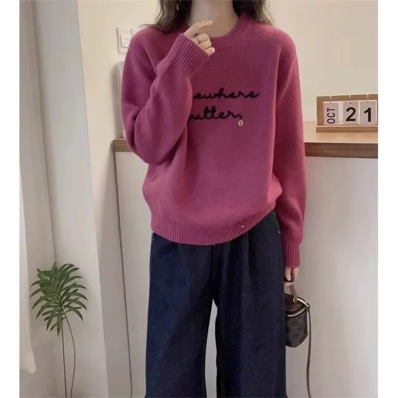 Embroidery Pink Sweater Women Pullovers O Neck Loose Knitwear Jumper Female Korean Popular Clothes Soft Sweater Tops